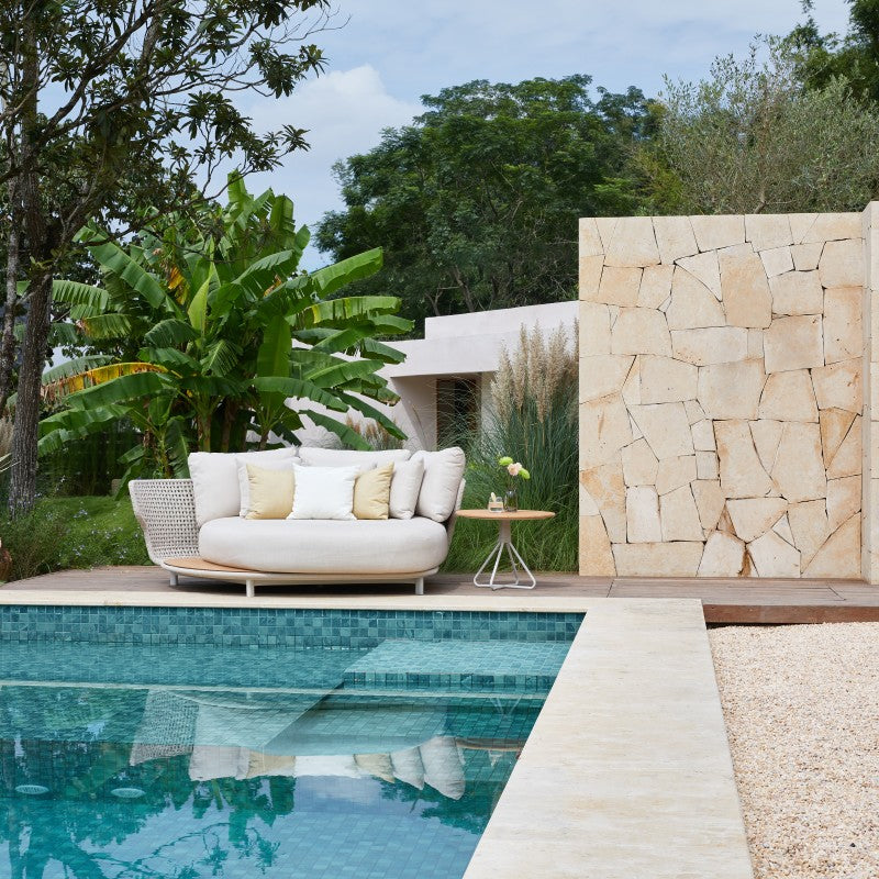 Alma Outdoor Rope Daybed in Beige with Teak Top Side Table