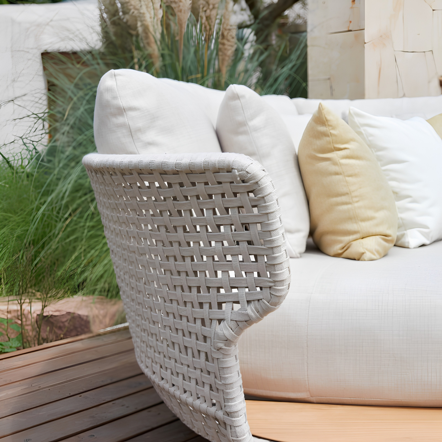 Alma Outdoor Rope Daybed in Beige with Teak Top Side Table