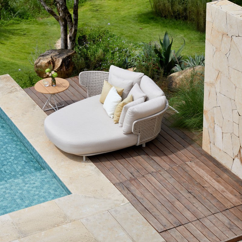 Alma Outdoor Rope Sunlounger in Beige with Teak Top Side Table