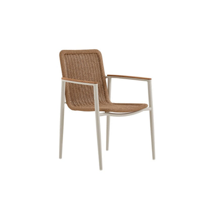 Marine Outdoor Wicker Dining Chair with Teak Arm in Beige Frame and Khaki Wicker