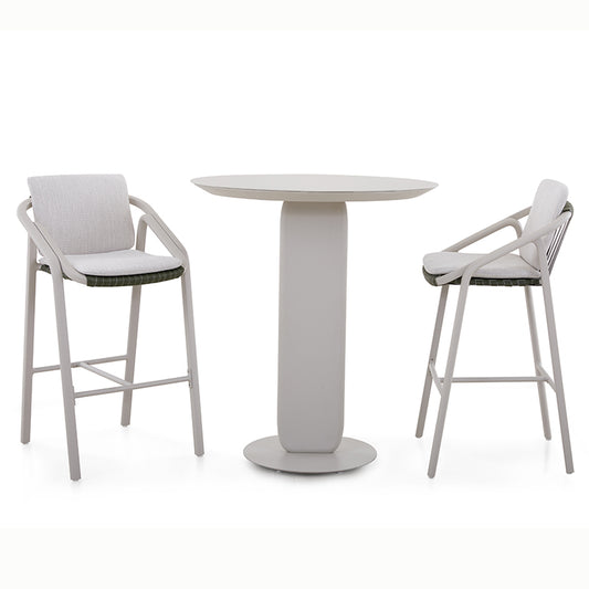 Vento Outdoor Aluminium Bar Table 90 cm with 2 Bar Chairs in Beige Frame and Green Rope