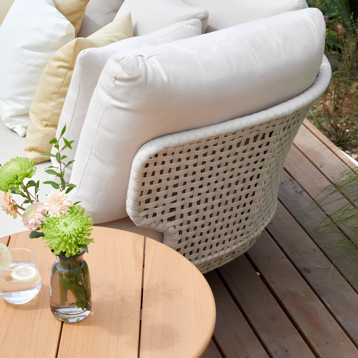 Alma Outdoor Rope Daybed in Beige with Teak Top Side Table