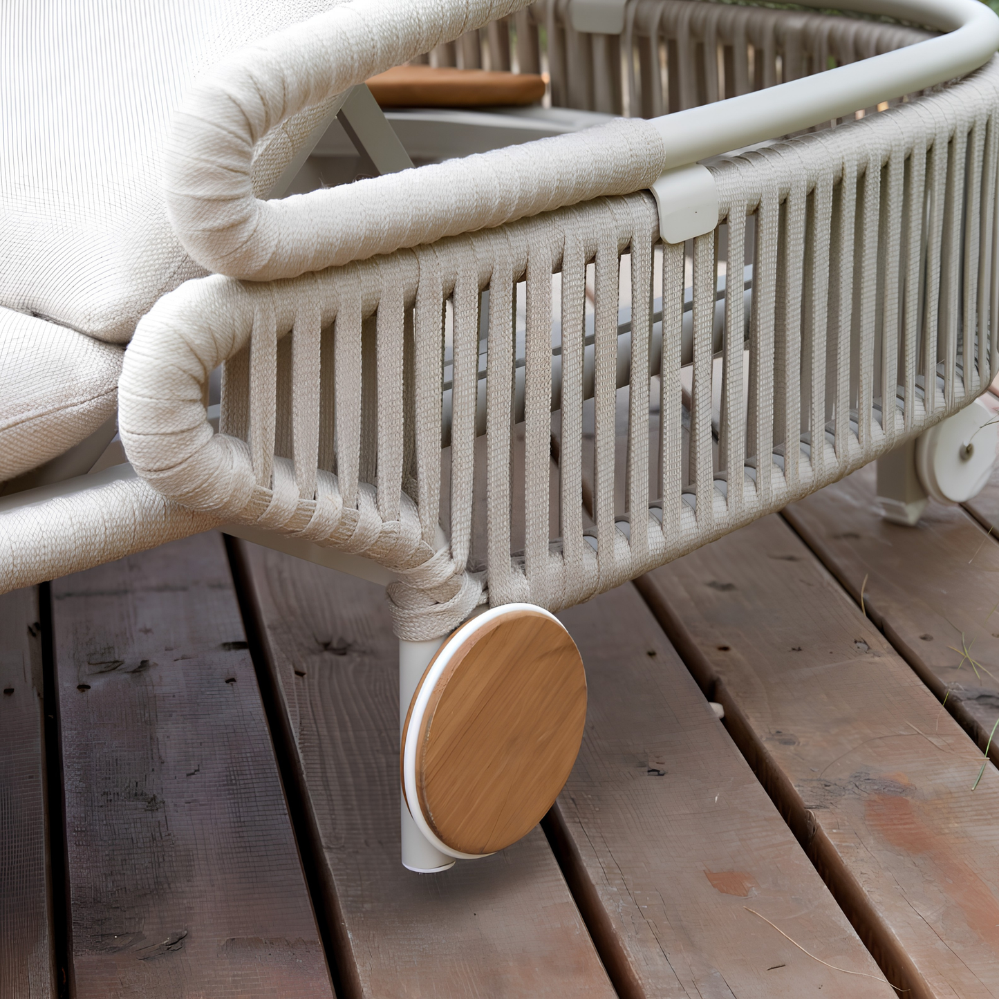 Alma Outdoor Rope Sunlounger in Beige with Teak Top Side Table