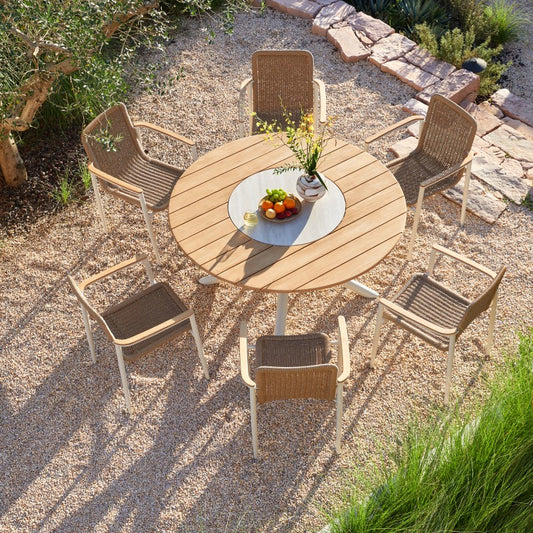 Loop Outdoor Teak Dining Table 148 cm with Ceramic Lasy Susan and 6 Chairs