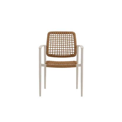 Marine Outdoor Wicker Dining Chair with Teak Arm in Beige Frame and Khaki Wicker